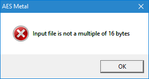 AES Metal 16 Bytes Error Message